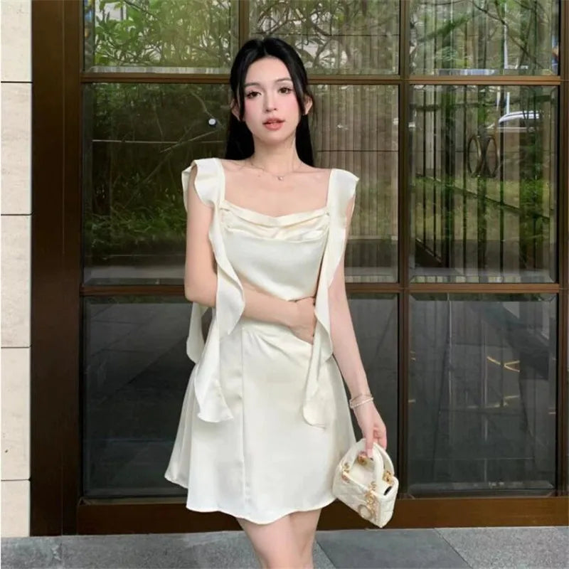 elegant ivory dress Elegant Ivory Pleated Long Maxi Dress with Open Back – FancyVestido main image 0