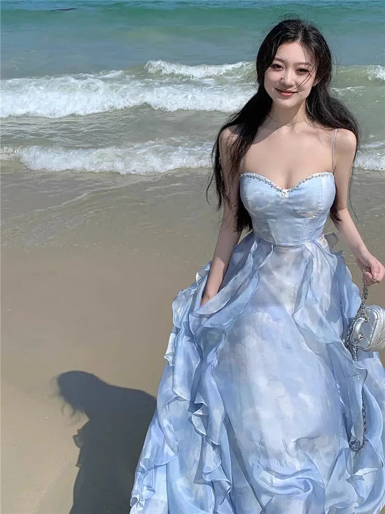 Elegant Blue Strapless Summer Beach Dress
