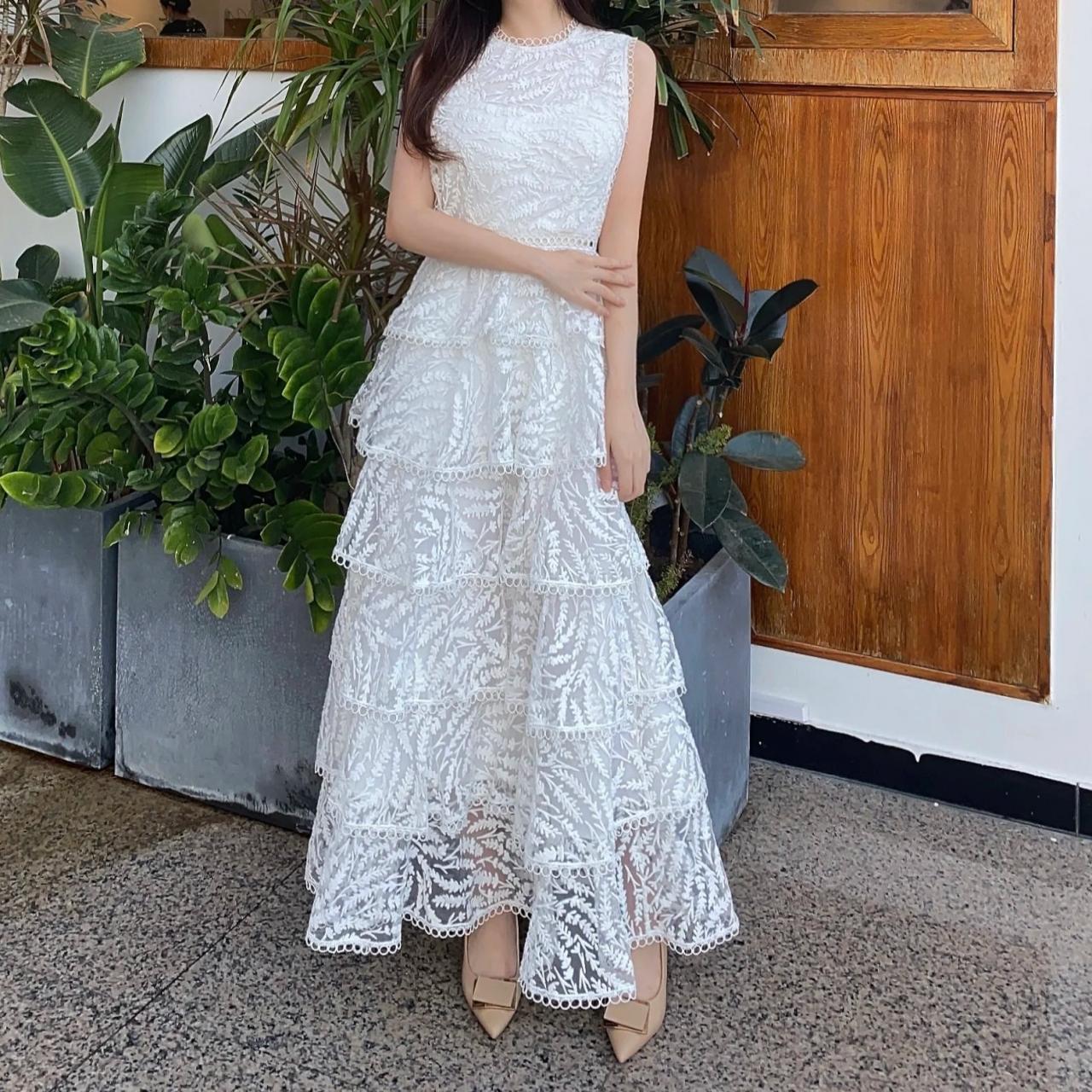 knee length dresses for ladies Ethereal Bloom Tiered Embroidered Midi Dress – VICI main image 0