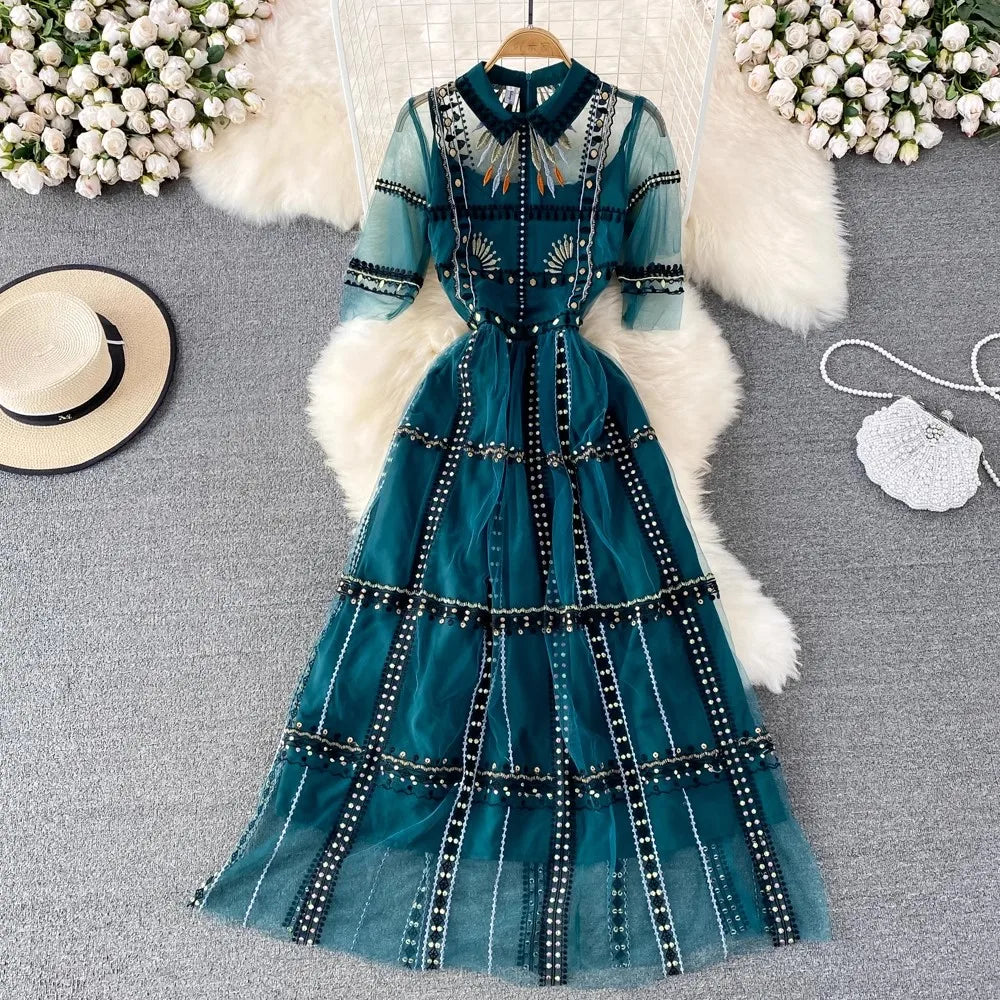 Elegant Teal Embroidered Sheer Long Sleeve Dress