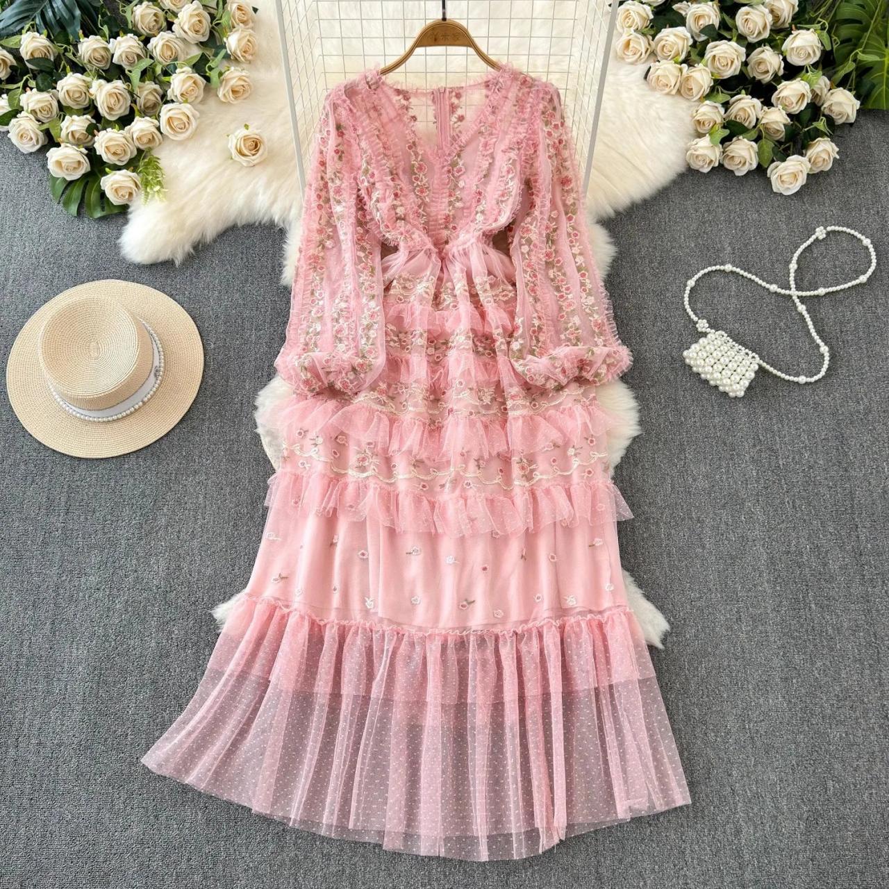 knee length dresses for ladies Blue Sleeveless Embroidered Lace Tiered Midi Dress main image 1