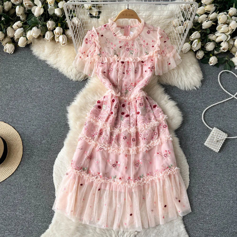 knee length dresses for ladies Embroidered Chiffon Ruffle Sleeve Maxi Dress main image 1
