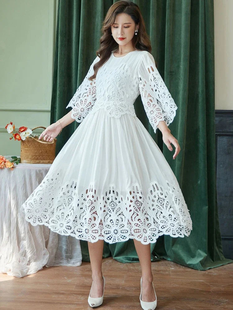 White lace midi dress with sleeves deals