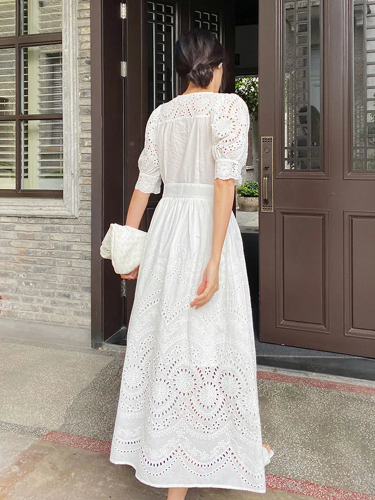 knee length dresses for ladies Emilia Eyelet V-Neck Tiered Midi Dress main image 1