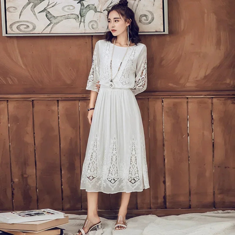 Long sleeve white lace midi dress hot sale