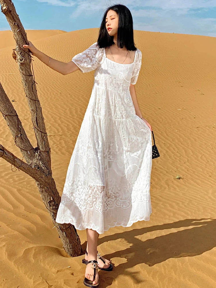 Summer White Lace Midi Dress for Women