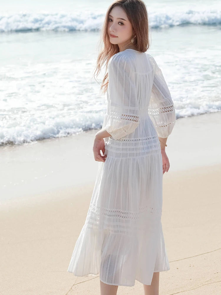long sleeve white beach dress Helio White Crochet Long Sleeve Mini Dress - US 8