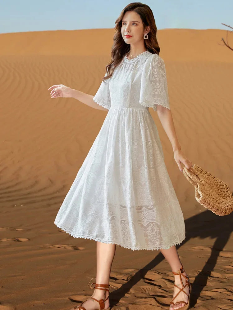 Elegant White Lace Short Sleeve Midi Dress