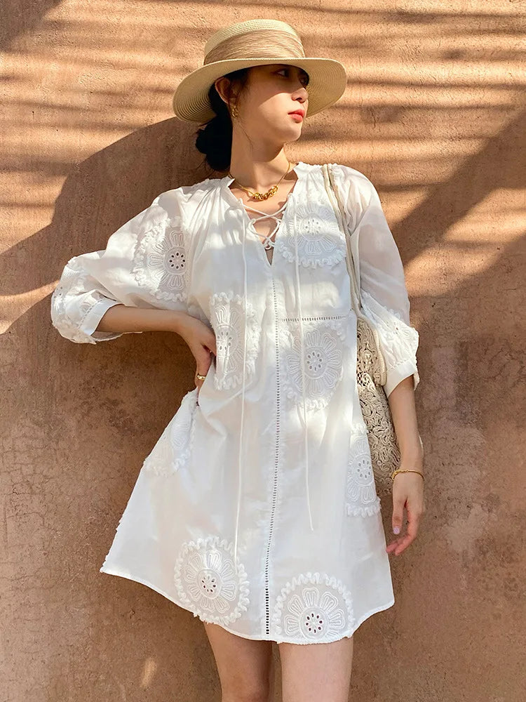 fitted lace wedding dress Loose Woven Viscose Dress With Floral Gippes, Bohemian Vibes Casual Su –  puresunlady