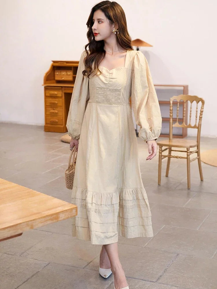 Elegant Beige Long-sleeve Midi Dress For Women