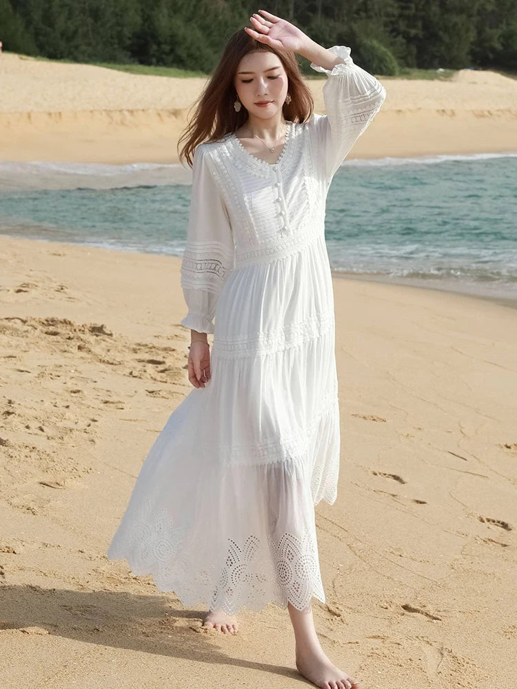 beach white summer maxi dress White Cotton Lace Maxi Dress for Beach Vacation