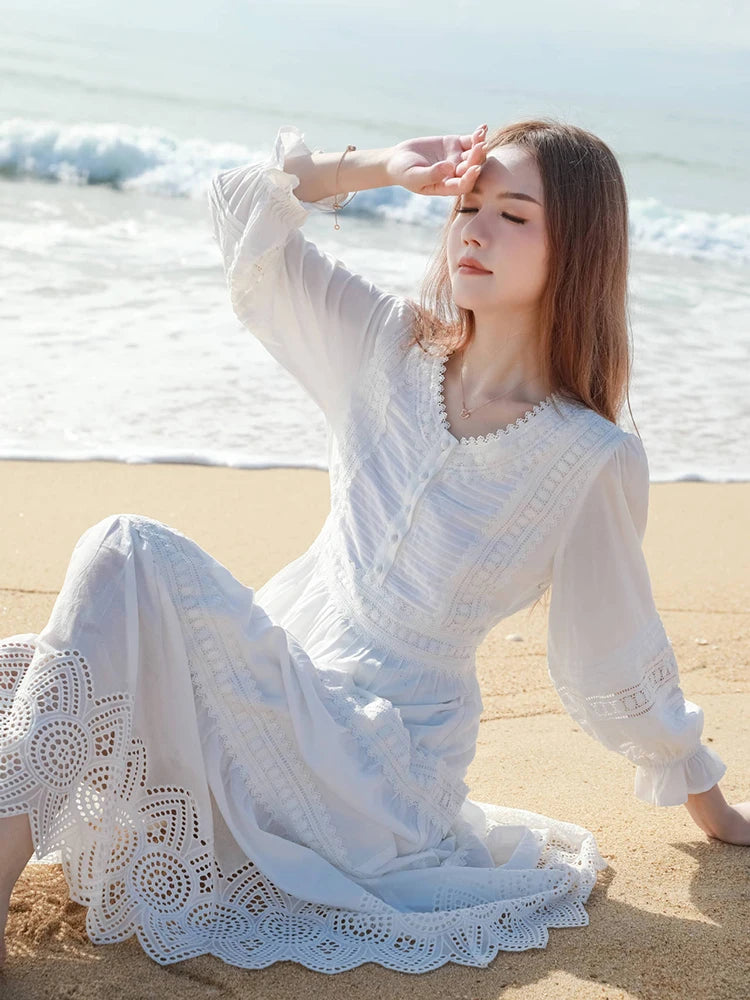 bohemian white beach dress White Boho Midi Dress  Lace V-Neck Empire Waist Beach Dress