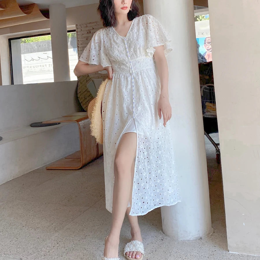 Elegant White Floral Lace Summer Maxi Dress