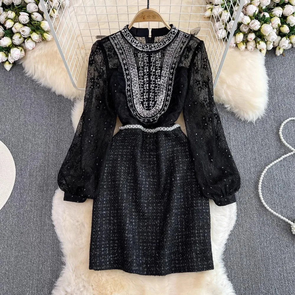 Elegant Black Lace Dress With Pearl Accents