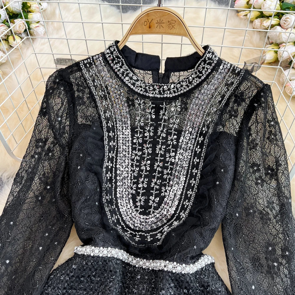 Elegant Black Lace Dress With Pearl Accents on Luulla