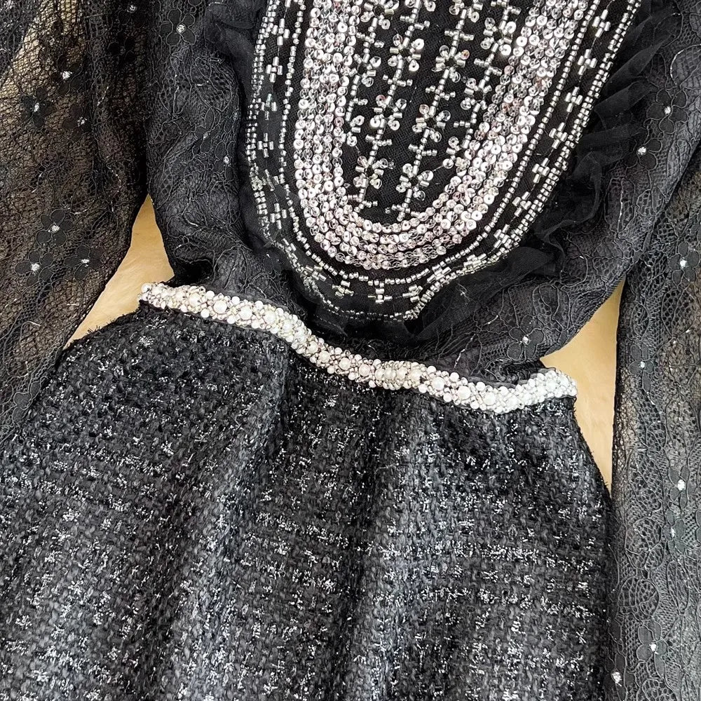 Elegant Black Lace Dress With Pearl Accents on Luulla