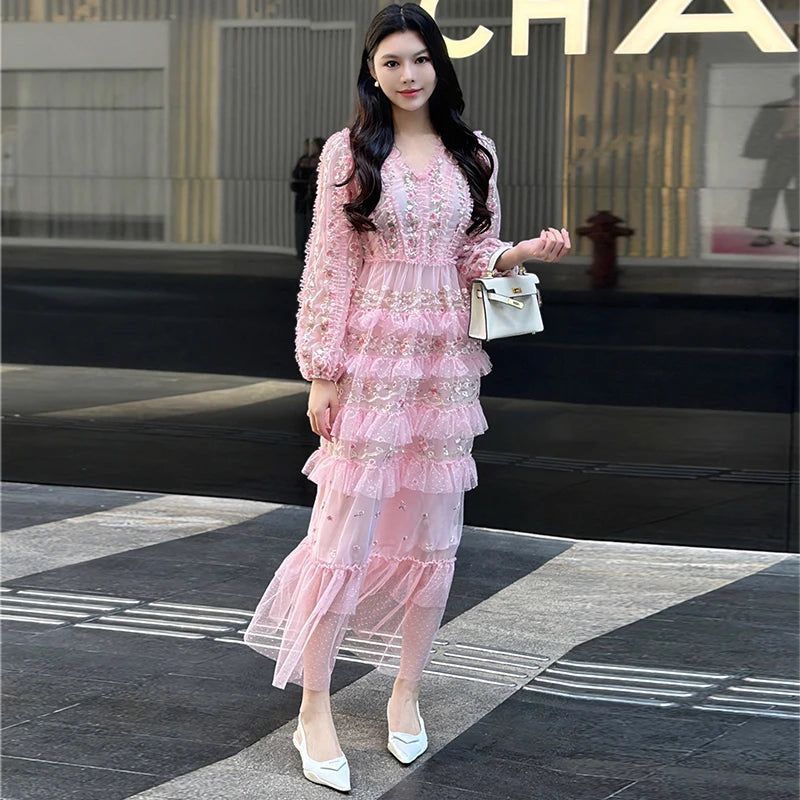 pink lace long sleeve dress Ball Gown Blush Prom Dresses With Sleeves ARD2116  SheerGirl on with back tie closure Elegant Pink Lace Long Sleeve
