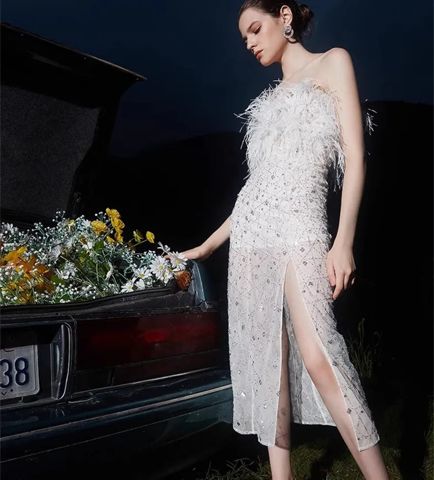 open lace back dress White Feather Embellished Tulle Party Dress Plus Size Size 18w / White main image 1