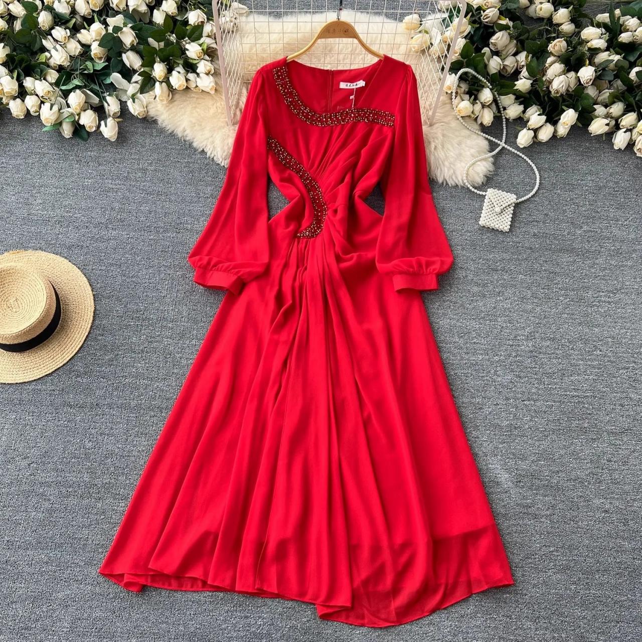 Elegant Red Maxi Dress With Beaded Accents on Luulla
