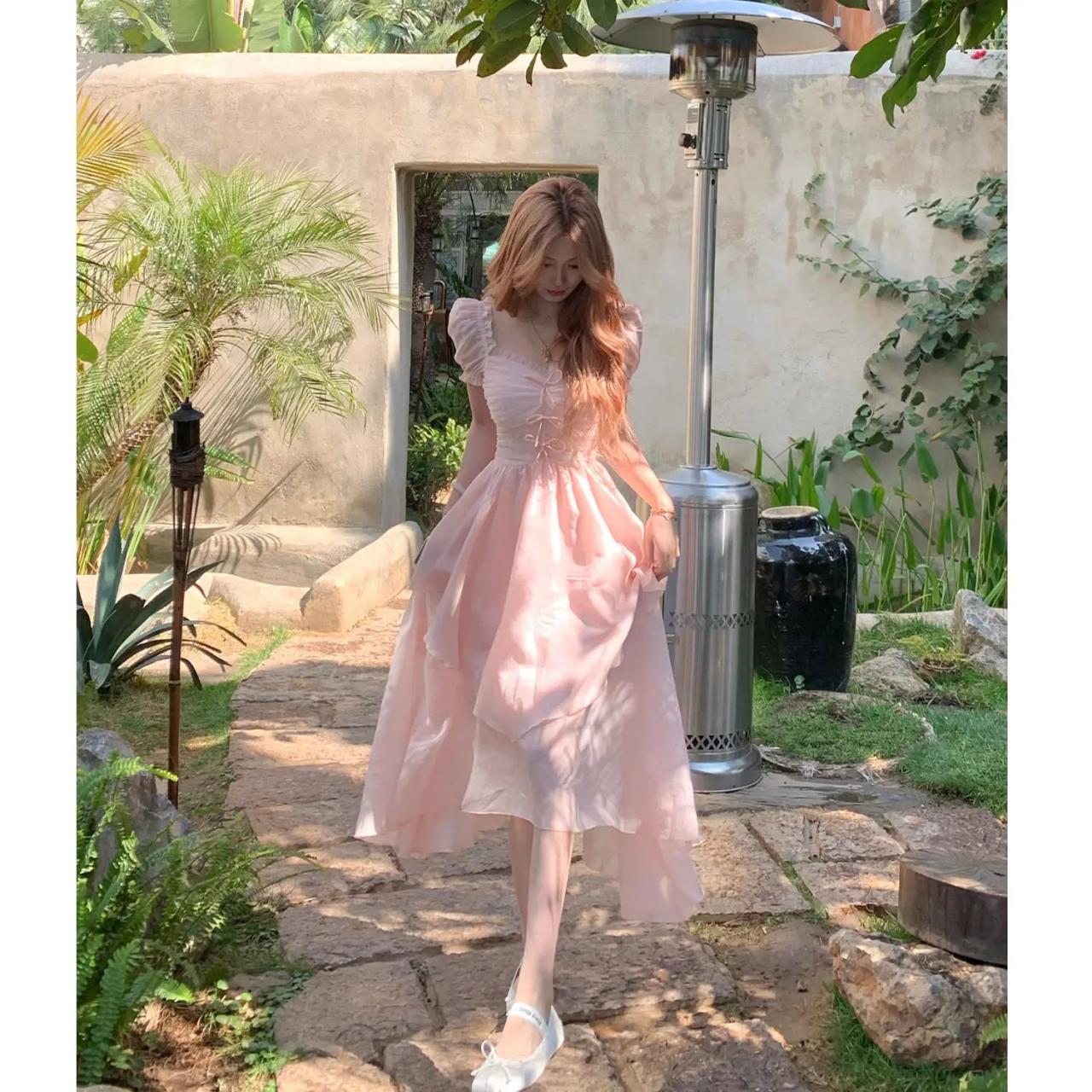 Elegant Pink Ruffled Midi Dress For Women