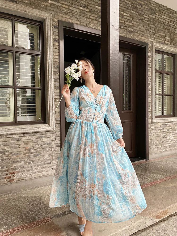white christmas dresses Floral Long Sleeve Chiffon Maxi Dress
