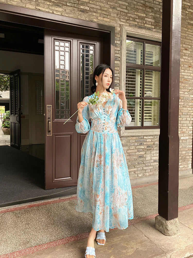 Elegant Floral Chiffon Long Sleeve Maxi Dress on Luulla