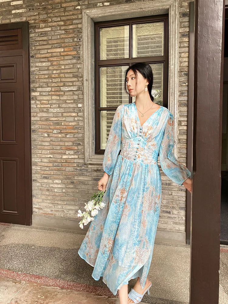 Summer Floral Long Sleeve Chiffon Maxi Dress Elegant Print Chiffon Dress  Women Casual Short Sleeve V