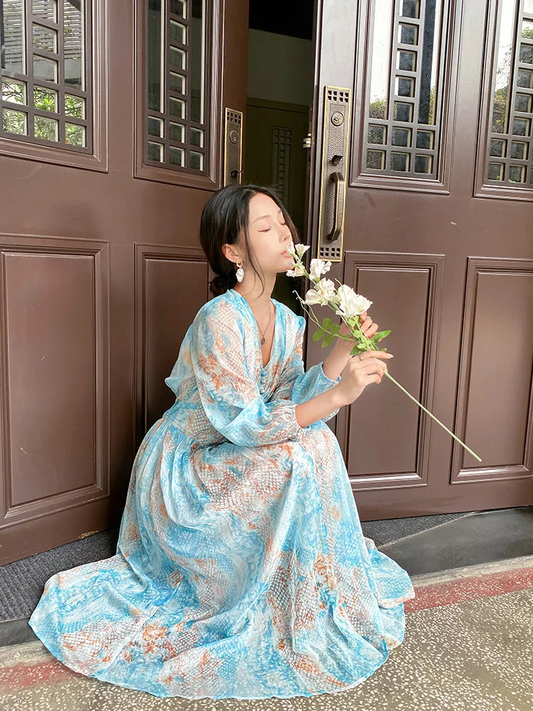 Elegant Floral Chiffon Long Sleeve Maxi Dress on Luulla