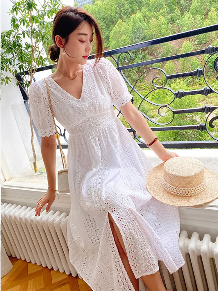 Elegant White Lace Summer Midi Dress