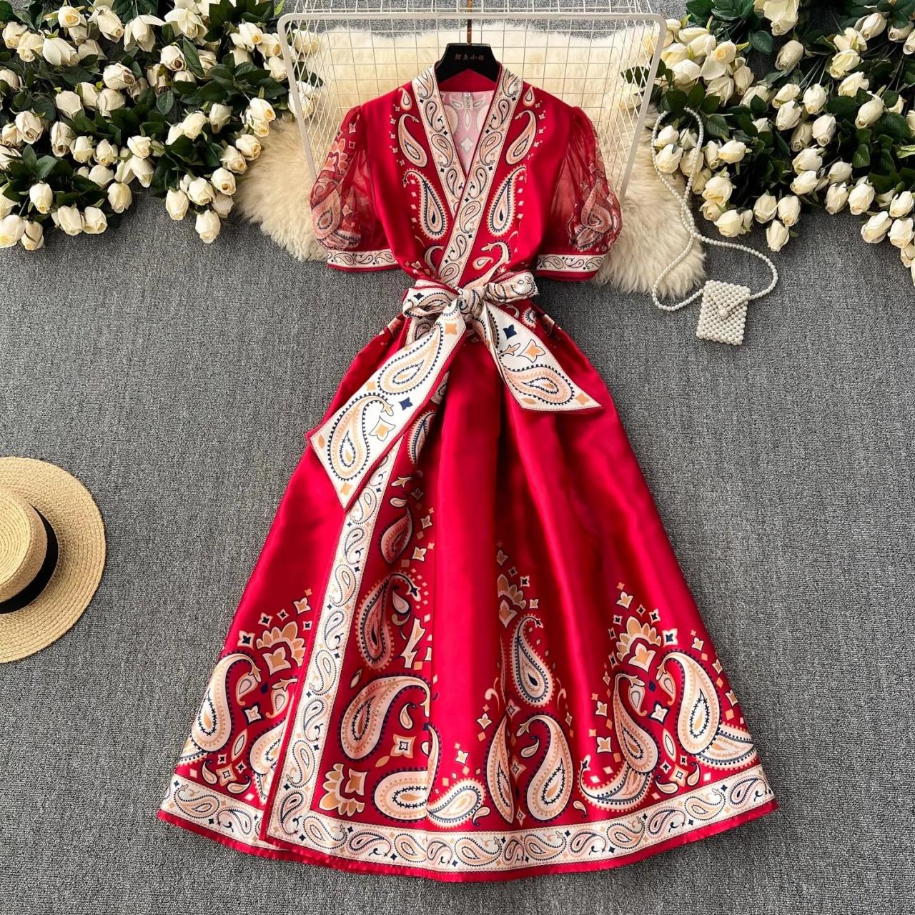strapless open back dress Red Paisley Print Strappy Mini Dress main image 1