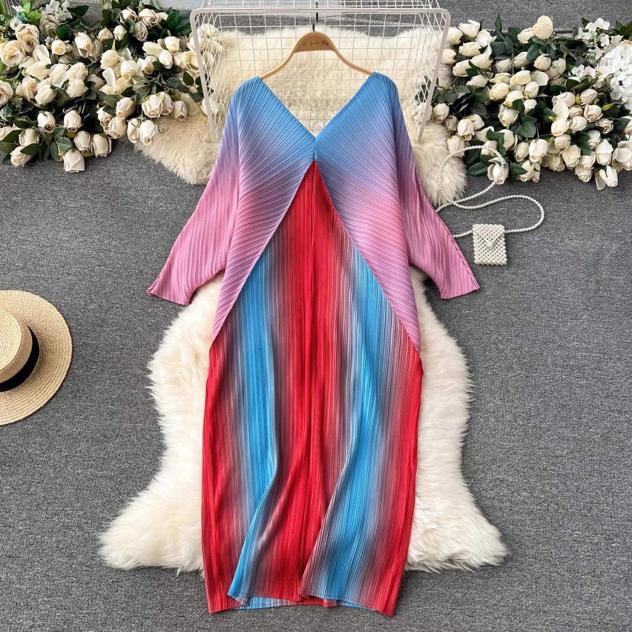 Floral and Ombre Vibrant Pleated Dress