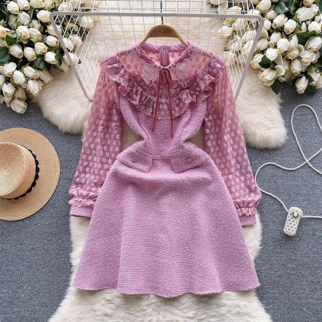 Elegant Pink Lace Long Sleeve Mini Dress