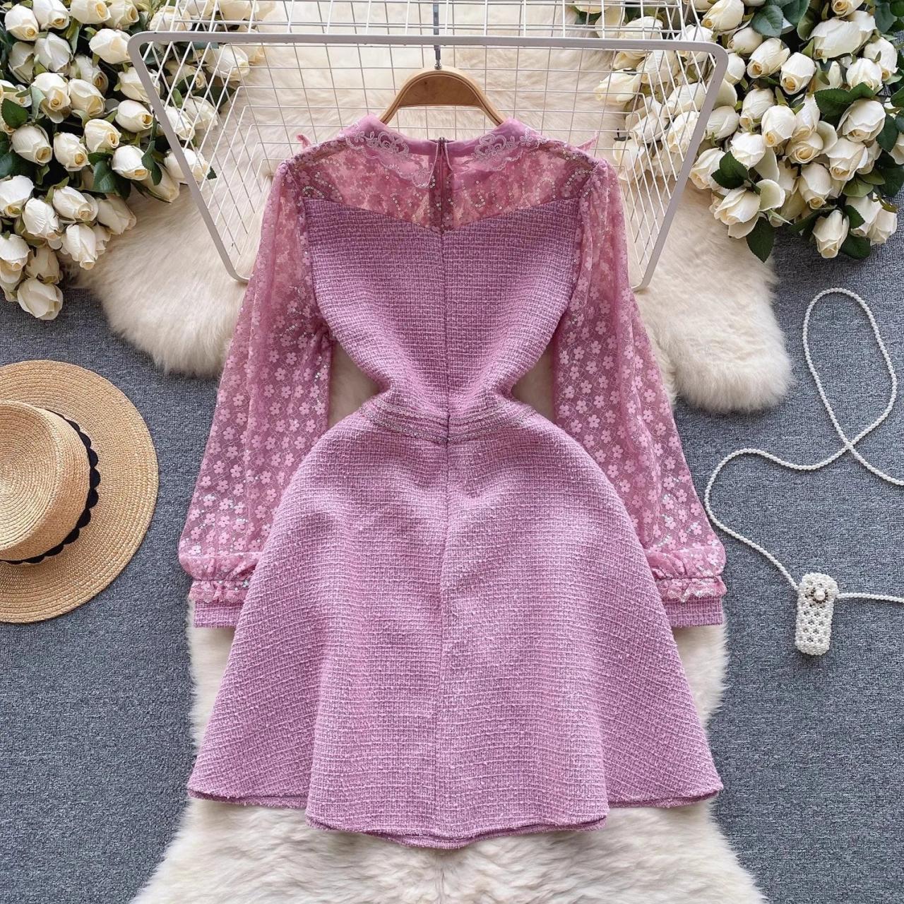 Elegant Pink Lace Long Sleeve Mini Dress on Luulla