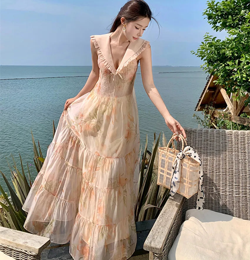Long Sleeves Floral Printed Ruffles Elegant Casual Maxi Dress main image 0