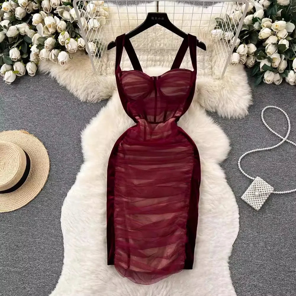 Elegant Burgundy Sheer Bodycon Midi Dress