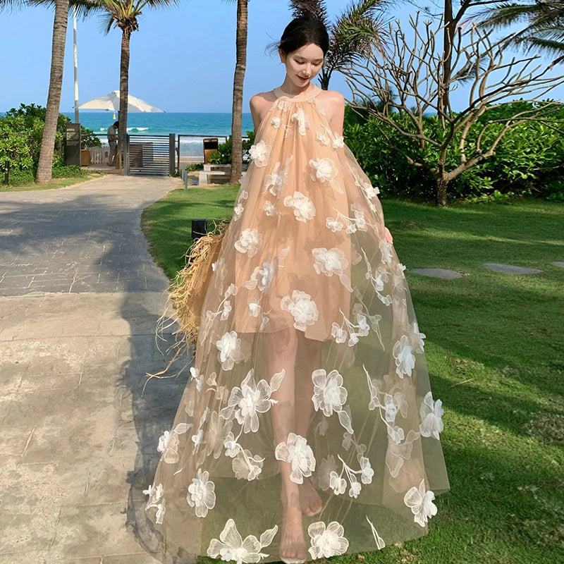 Beach Floral Embroidered Sheer Summer Maxi Dress on Luulla