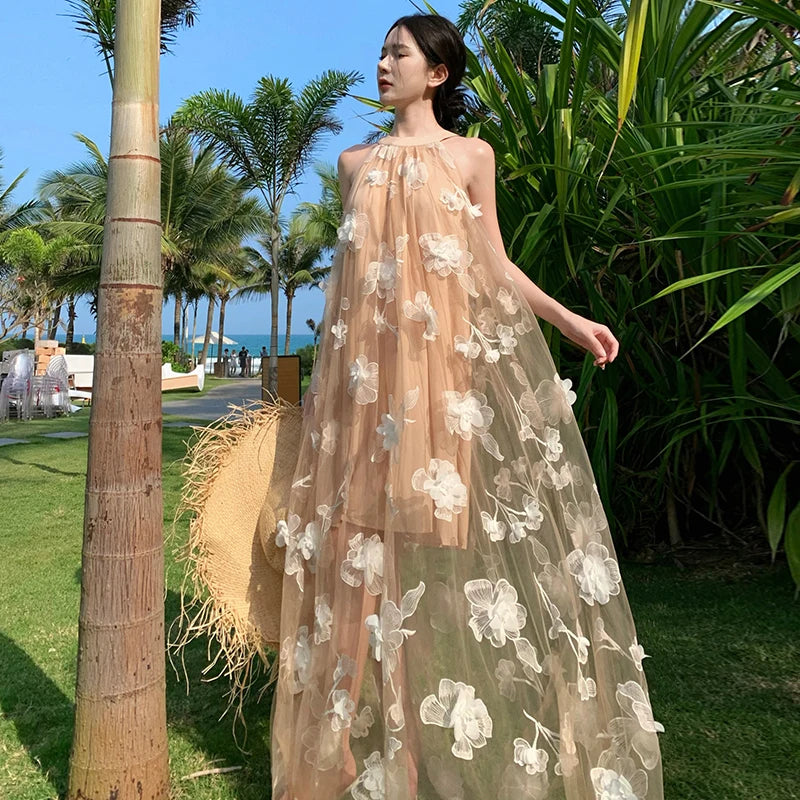 Beach Floral Embroidered Sheer Summer Maxi Dress on Luulla