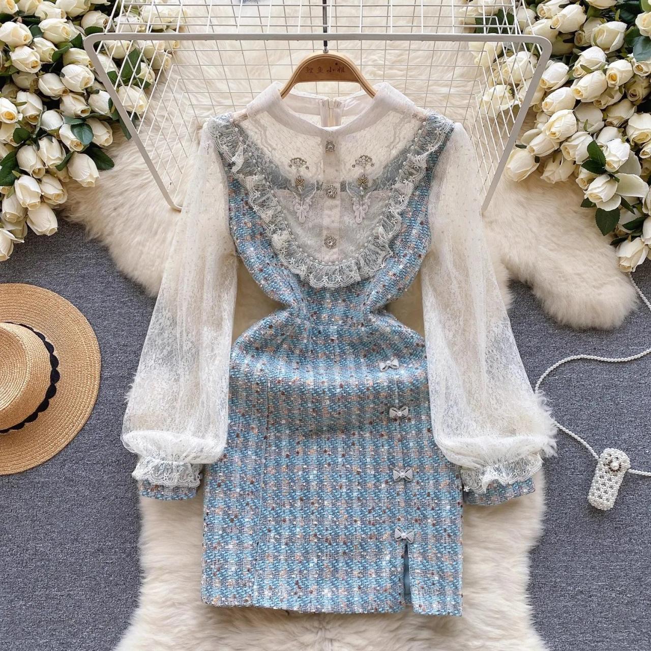 Vintage Lace Patchwork Long Sleeve Tweed Dress