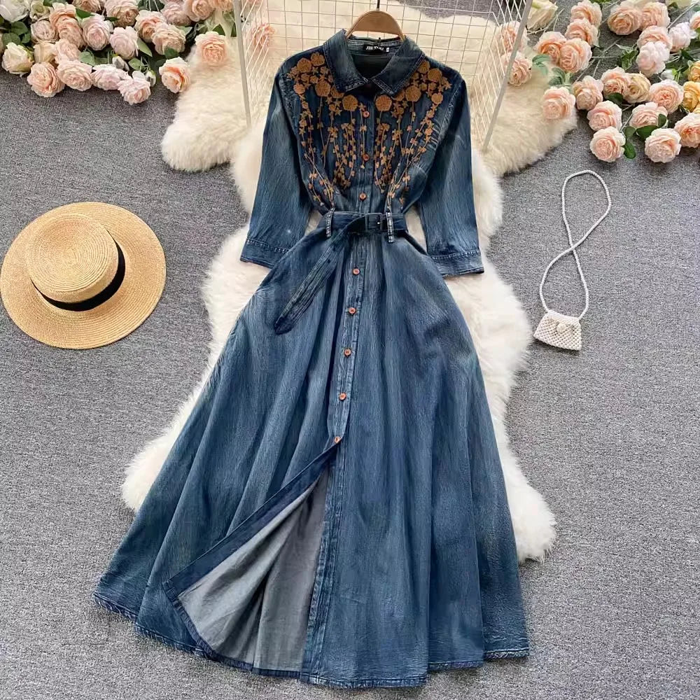 Elegant Embroidered Denim Long Sleeve Maxi Dress