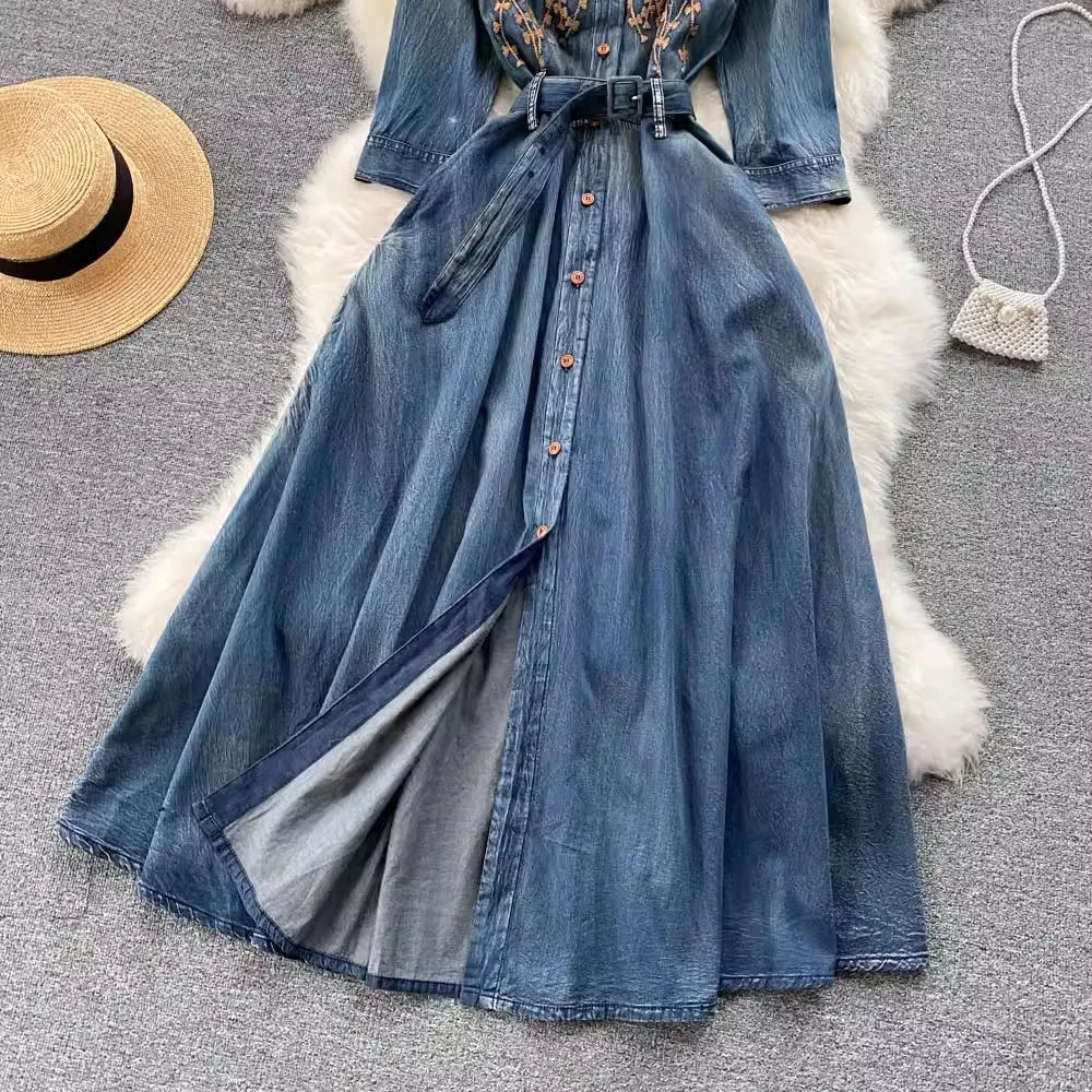 Elegant Embroidered Denim Long Sleeve Maxi Dress