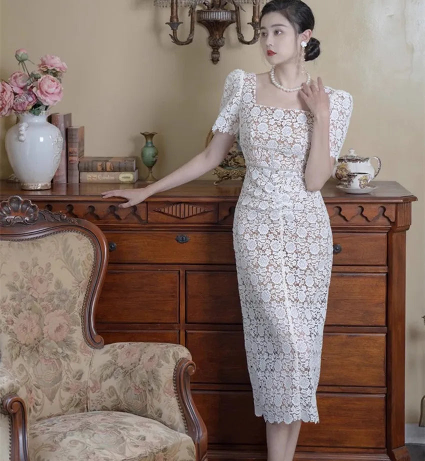 Elegant Vintage Floral Lace Midi Dress