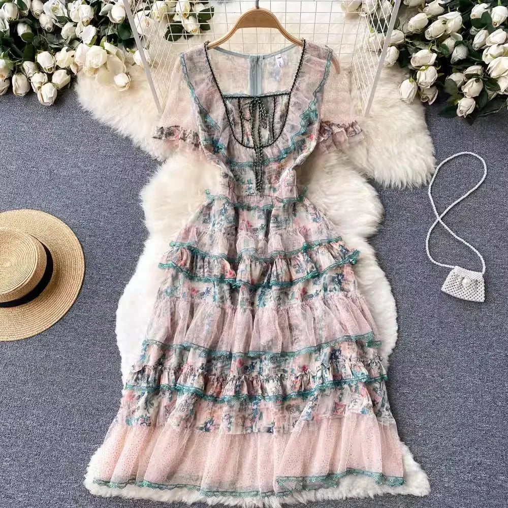 Floral Lace Ruffle Midi Dress With Sleeves on Luulla