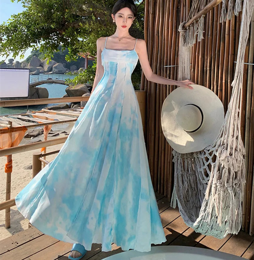 Elegant Blue Tie dye Backless Maxi Dress on Luulla