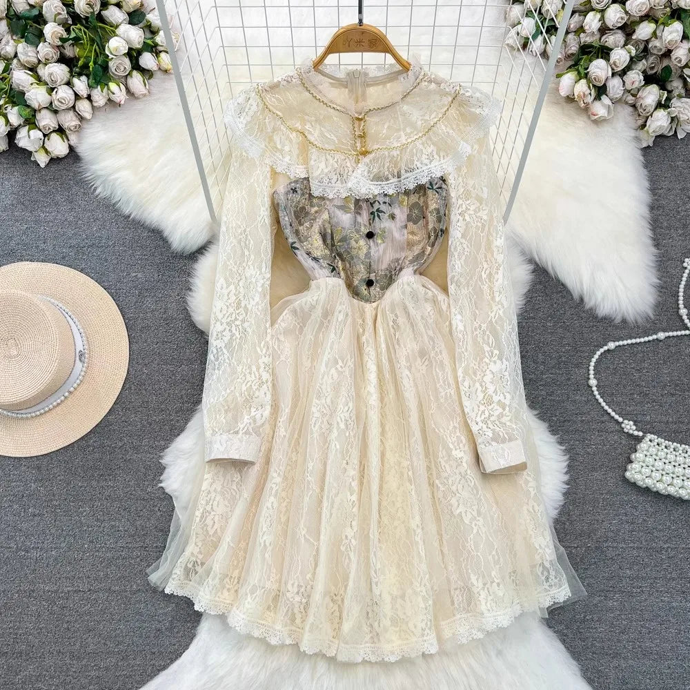 Vintage Lace Floral Print Long Sleeve Dress on Luulla
