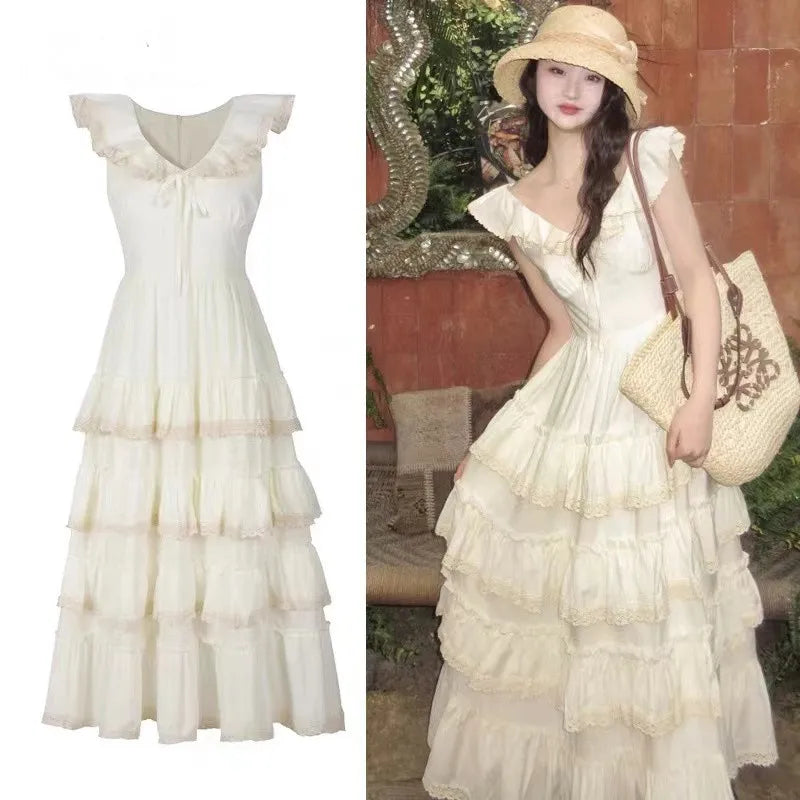 Welove Prom Boho Ruffled Lace Summer Maxi Dress Cream