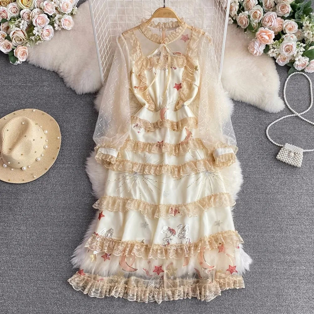 Elegant Lace Embroidered Ruffle Layered Midi Dress