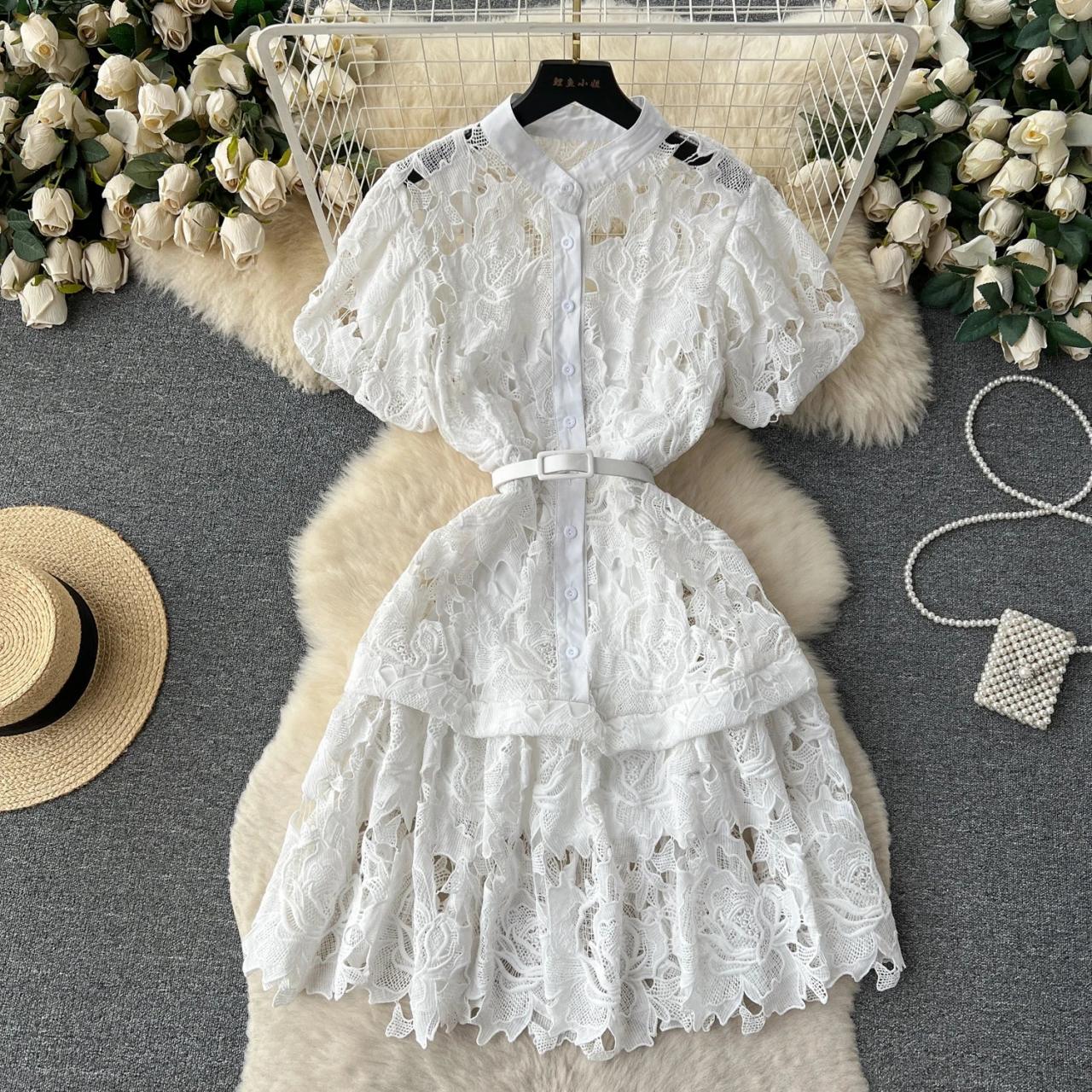 Elegant White Lace Belted Summer Dress