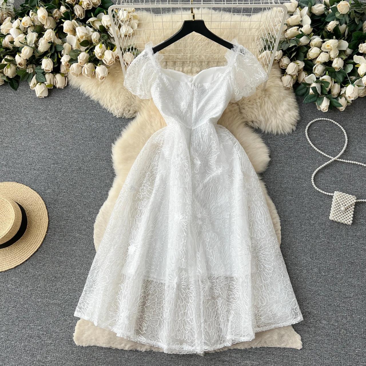 white lace dress with puff sleeves Aspen Smocked Maxi  Off-White White Eyelet Lace Dress -