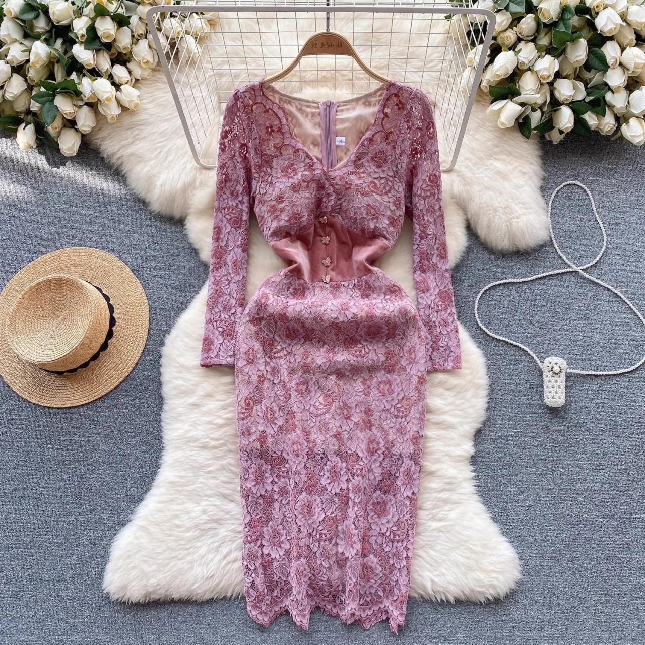 Elegant Purple Lace Dress With Long Sleeves