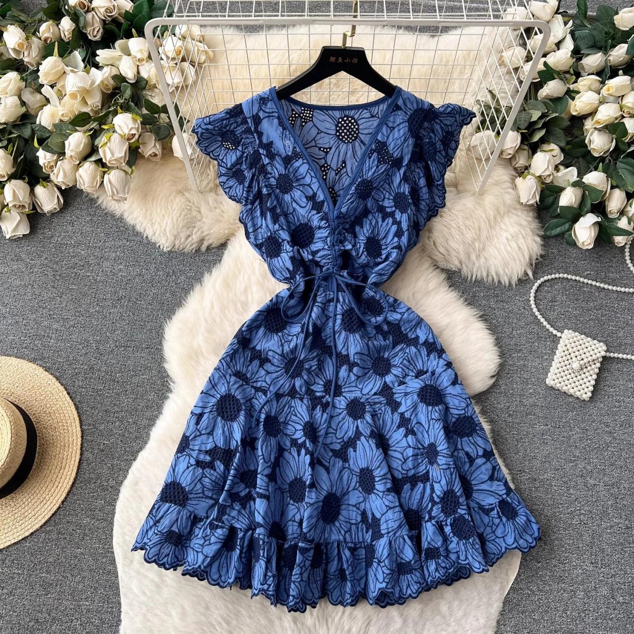 Floral Lace Blue Summer Dress For Women